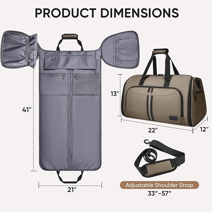 BALEINE Convertible Garment Bag with Shoe Compartment, 2 in 1 Carry on Garment Duffle Bags for Travel, Suit Bag for Men Women (Brown)