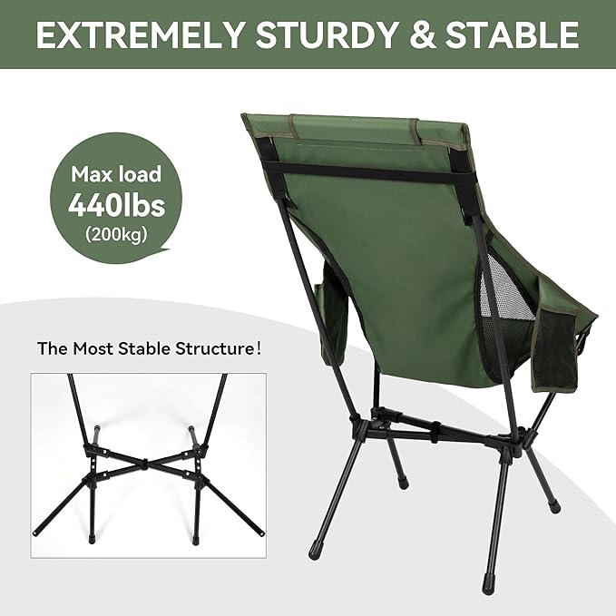 Portable High Back Camping Chair, Support Heavy Duty 440 lbs, Lightweight Folding Chair with Adjustable Pillow for Hiking, Beach, Backpacking