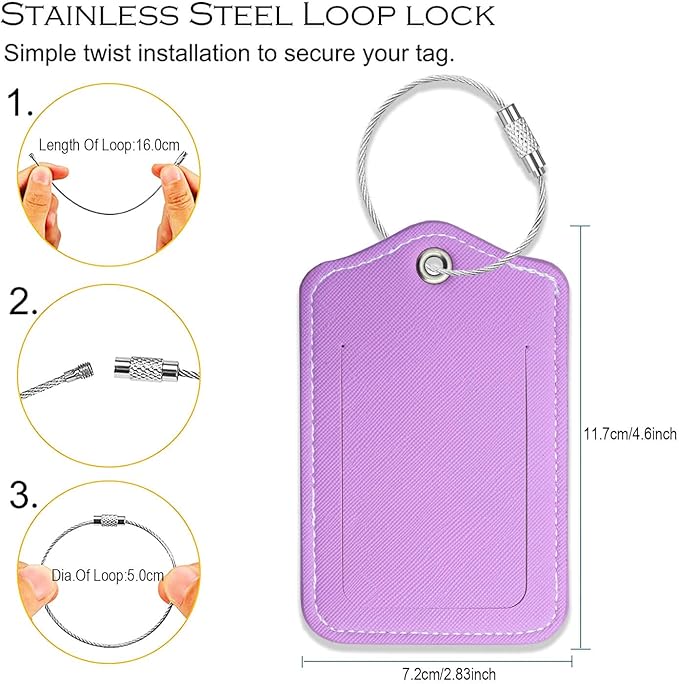 Luggage Tags for Suitcases-Leather Luggage Tag 4 Pack with Loops Cute Bag/Backpack/Suitcase Tags Travel Essentials for Flying (Violet)