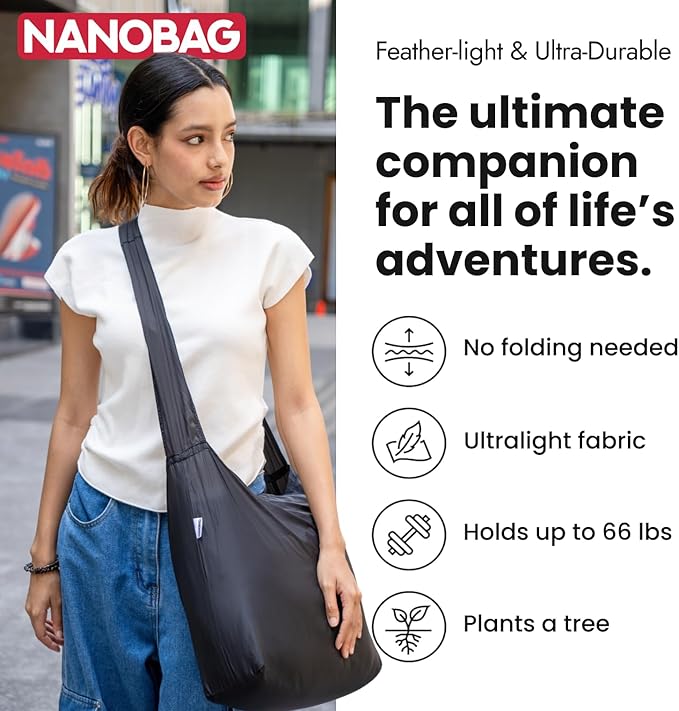 Nanobag Ultra-Lightweight Foldable Sling for Women & Men, Reusable Grocery & Travel Bag, Packable Collapsible Compact Market Crossbody (Sling Gray)