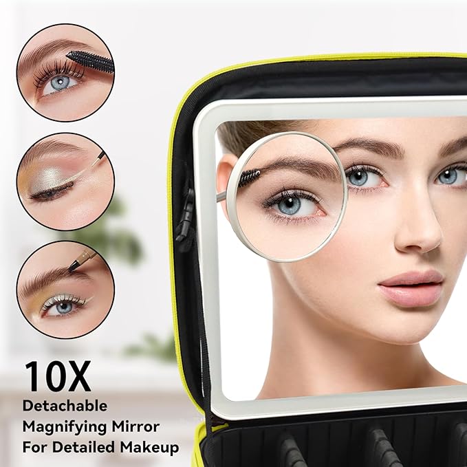 Travel Makeup Bag with LED Mirror and 10x magnifying glass with 3 Lighted Settings, Adjustable Dividers and Makeup Brush Storage Bag Yellow