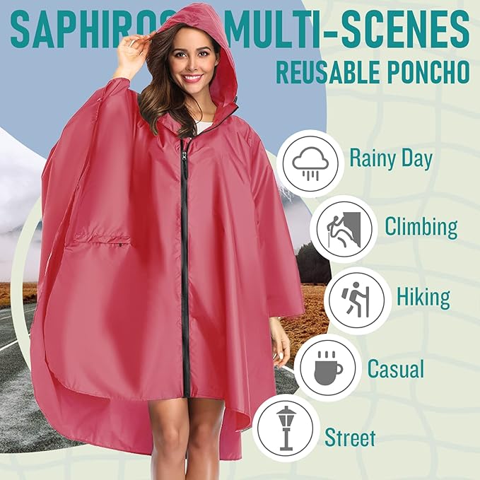 SaphiRose Unisex Rain Poncho Raincoat Hooded for Adults Women with Pockets