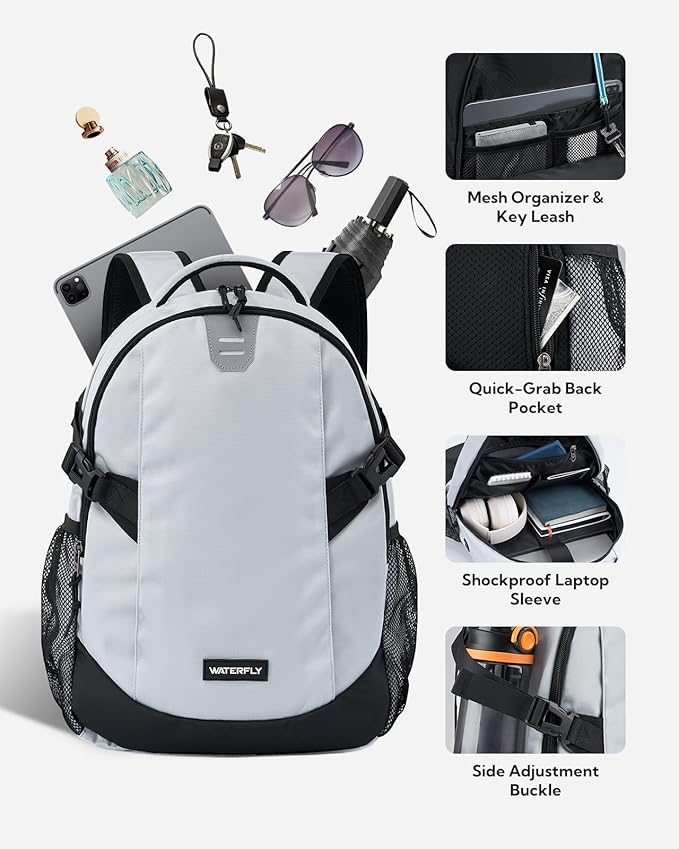 WATERFLY Small Casual Travel Backpack: 20L for Men Women Work Commuter Everyday EDC Daypack Hiking Gym Sport Workout Grey