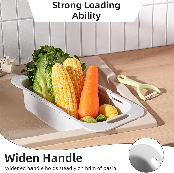 Extended Long Over the Sink Colander, Wash Vegetables Fruits Collapsible Colander Strainer, 14.5"-19.3" Extendable Kitchen Sink Accessories for Dishes Drying, Vegetable Basket, with Peeler