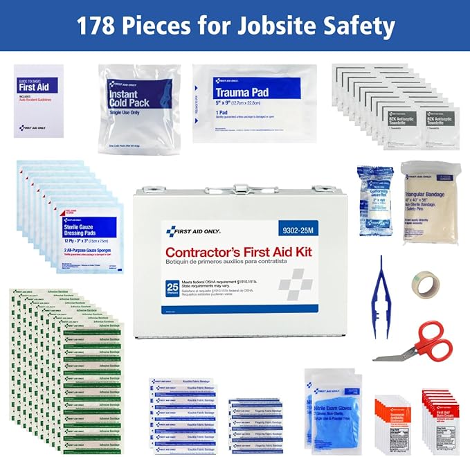 First Aid Only 9302-25M 25-Person Contractor's First Aid Kit for Home Renovation, Job Sites, and Construction Vehicles, 178 Pieces