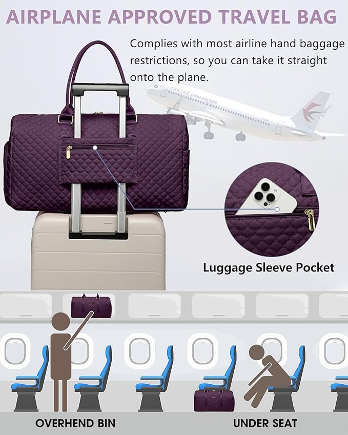 Women Duffle Weekender Travel Bag: Large Duffel Bags with Shoe Compartment Carry On Overnight Tote Bag with Wet Pocket Toiletry Bags Weekend Gym Yoga Hospital Bag for Womens Dark Purple 3Pcs Set