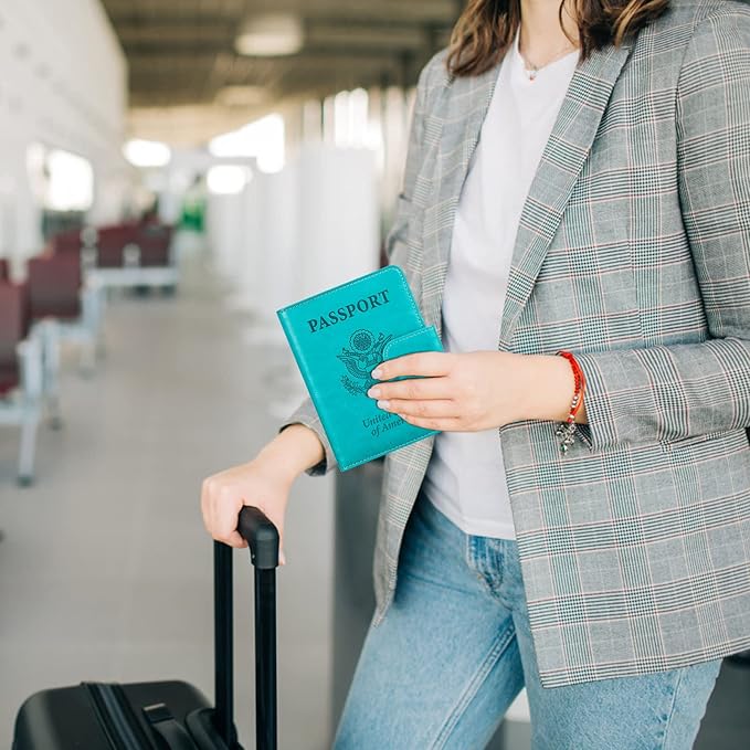 TIGARI Passport Holder for Travel Women Men, PU Leather Waterproof RFID Passport Holder Wallet Cover Case Sleeve, Family Vacation Plane Cruise Travel Document Organizer Essentials-Teal