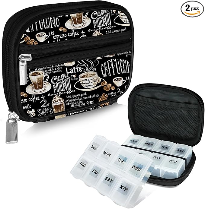 Serfeymi Weekly Travel Pill Organizer Pill Case for Purse with Removable 7 Day Pill Box, Fashionable Travel Medicine Organizer Pill Container for Medicine, Vitamin, Supplement - Black 02 + Pill Box