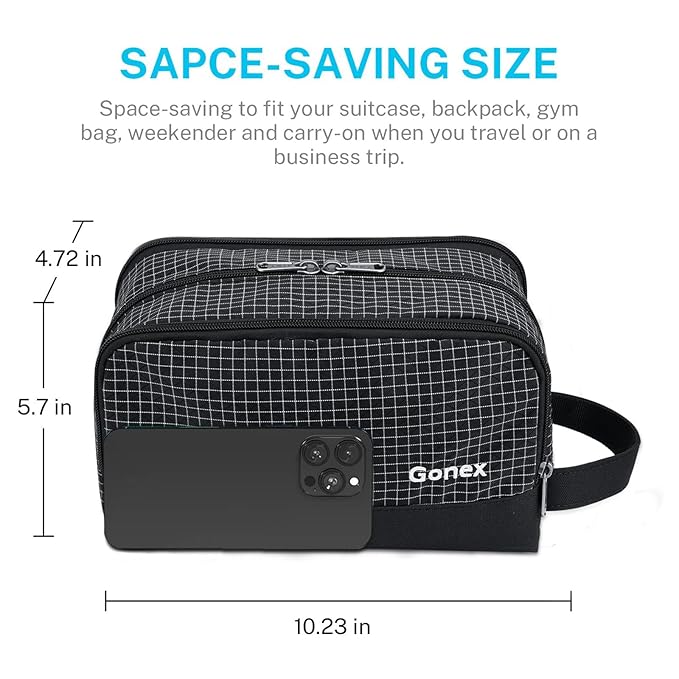 Gonex Travel Toiletry Bag Nylon, Dopp Kit Shaving Bag Toiletry Organizer Check Patten (Black)