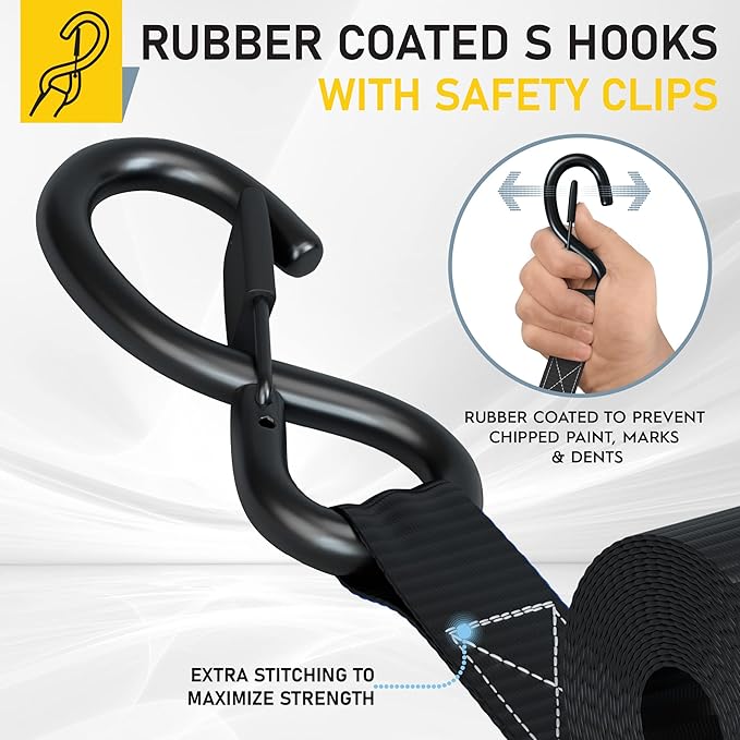 AUGO Ratchet Straps Heavy Duty 4 Pack -15 FT - 2200 LB Break Strength – with Safety Lock S Hooks - Cargo Straps for Moving, Appliances, Motorcycle – Soft Loop Tie Down Straps