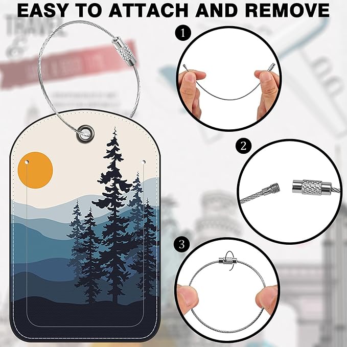 2 Pack Luggage Tag for Suitcase Sun Mountains Tree River Landscape Leather Suitcase Tags with Privacy Name ID Label and Stainless Steel Loop for Travel Bag