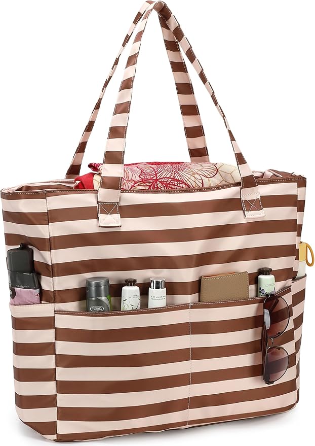 LEDAOU Beach Bag Waterproof Sandproof Women Tote Bag Pool Bag with Zipper for Gym Grocery Travel with Wet Pocket