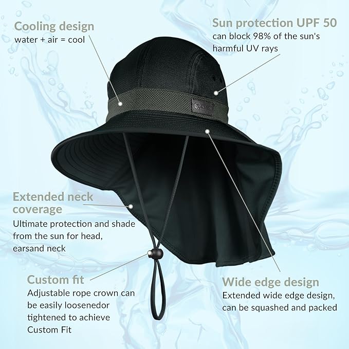 Sukeen Cooling Sun Hat for Men Women UPF50+ Wide Brim Fishing Hat with Neck Flap Adjustable Foldable Bucket Hat for Hiking