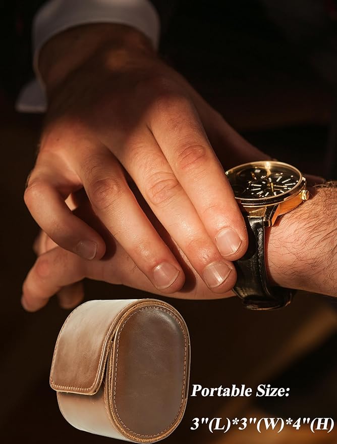 MR.OKAY Single Watch Travel Case-Classic Leather Watch Case With Superb Texture.Portable Watch Roll Or Organizer For Storage And Display.Travel Gift for Men,All Handmade By Leather Craftsmen.