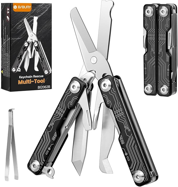 BIBURY Mini Keychain Multitool Scissors B12062B, 9 in 1 Multitool EDC Scissors with Screwdriver, Bottle Opener, Pocket Knife, Spring -Mini Multi Tool for Outdoor, Daily Use, Gifts for Men and Women