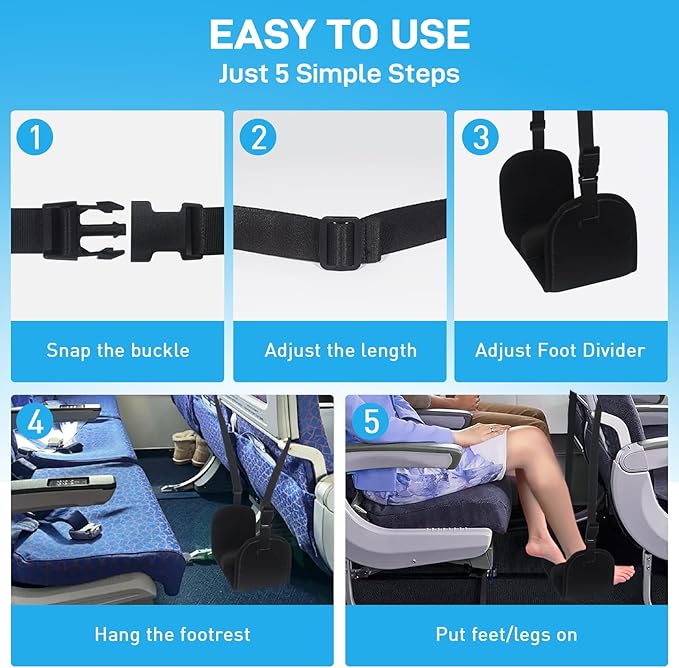 Airplane Foot Hammock, Foot Hammock for Travel Accessories with Ergonomic Removable Foot Divider Design, Airplane Foot Rest, Premium Comfortable Memory Foam & Hardboard for No Feet Clashing(Large)