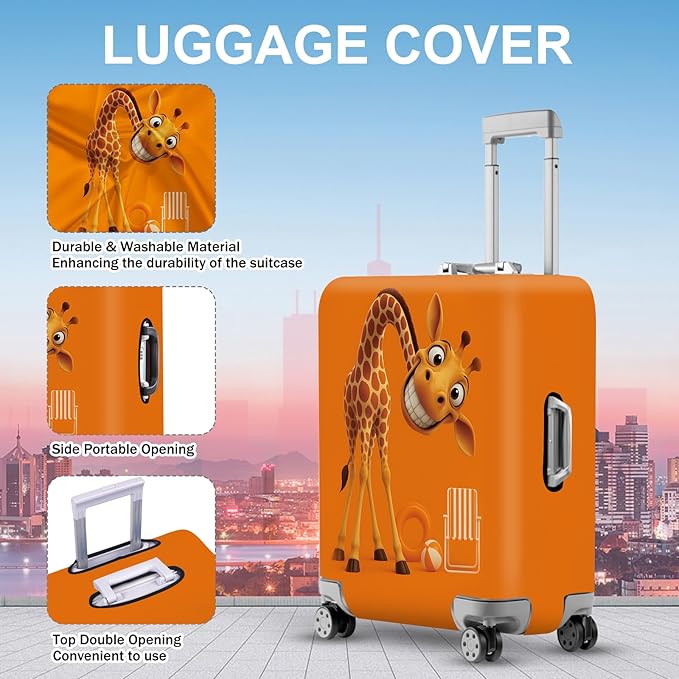 ANNA QUEEN Giraffe Fun Luggage Cover, Playful Giraffe Design with Beach Ball and Chair, Stretchable, Washable Travel Sleeve for 24-26 Inch Luggage