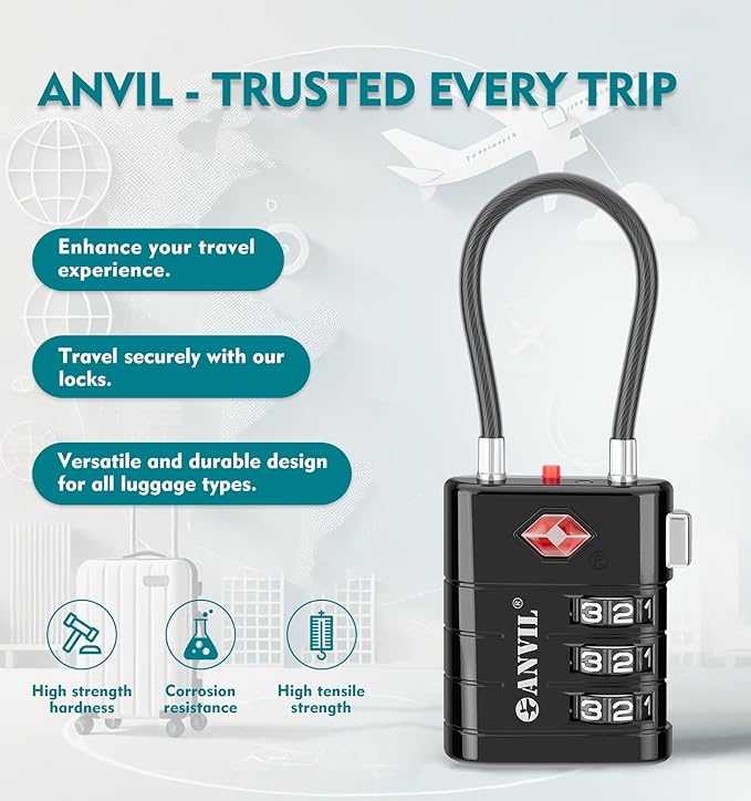 ANVIL TSA Approved Luggage Locks – High Security TSA008 Combination Travel Locks with Inspection Indicator for Suitcases and Backpacks. (3, Black)