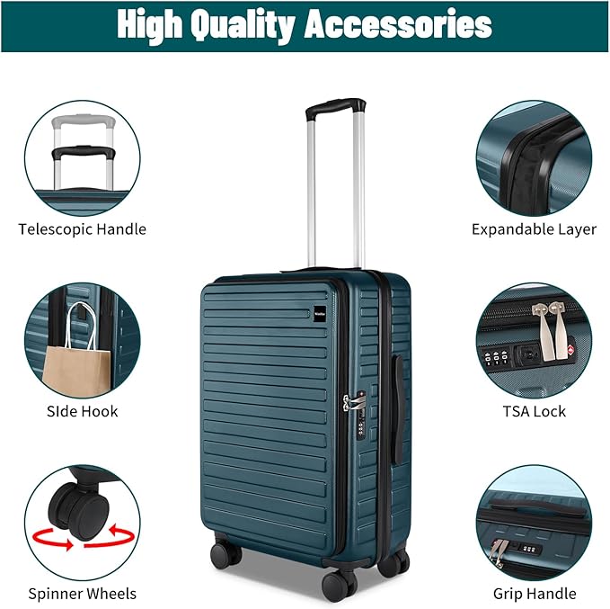 3-Piece 20/24 Top Opening Hardshell Lightweight Luggage and 28-Inch Clamshell Opening Suitcase with Spinner Wheels & TSA Locks, Teal Blue, 20in/24in/28in