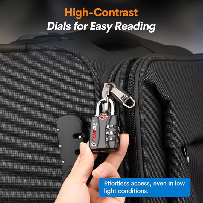 Forge Luggage Locks TSA Approved Black 1 Lock, Small Combination Lock with Zinc Alloy Body, Open Alert, Easy Read Dials, for Travel Suitcase, Bag, Backpack, Lockers.