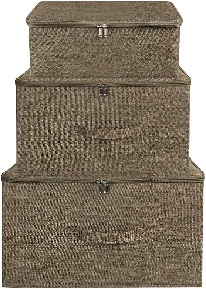 ANMINY 2PCS Storage Bins with Zipper Lids 13 Qt Lidded Fabric Storage Boxes Baskets Cubes with Handles Collapsible Washable Cotton Linen Closet Shelf Clothes Organizer Containers - Coffee, Small