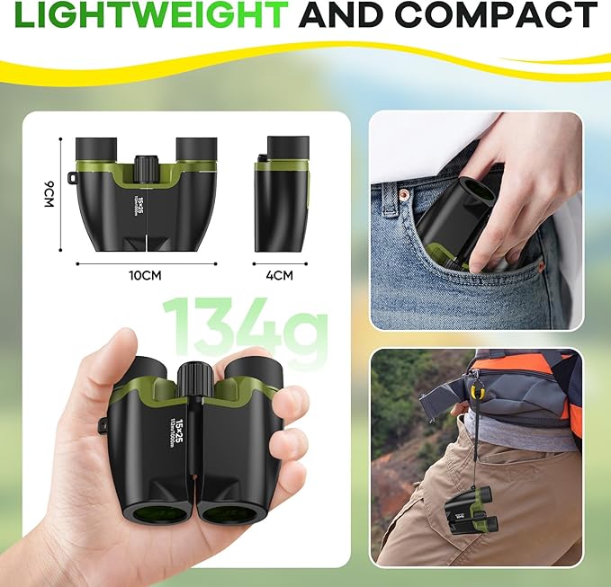 High Powered 15x25 Compact Binoculars for Adults&Kids with BAK4 Prism,FMC Lens,Waterproof Binocular with Low Light Vision,Small Binoculars for Cruise Ship/Bird Watching/Theater/Travel/Sightseeing