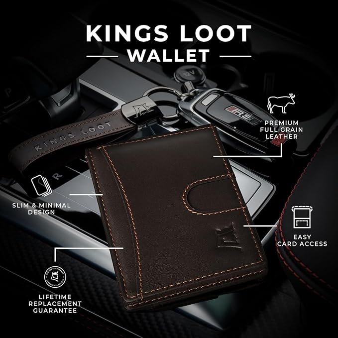 Kings Loot Custom Wallet for Men | Engraved Leather Slim Wallet with Money Clip | Personalized RFID Blocking Design | Minimalist & Stylish Wallets (Truffle)