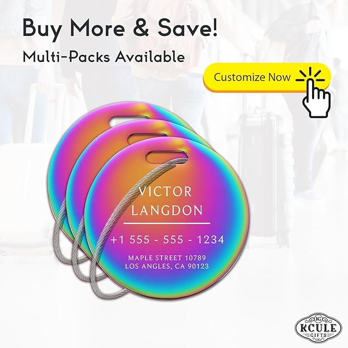 Stainless Luggage Tags for Suitcases: Metal Personalized Luggage Tags and Bags with Customizable Texts (Rainbow)