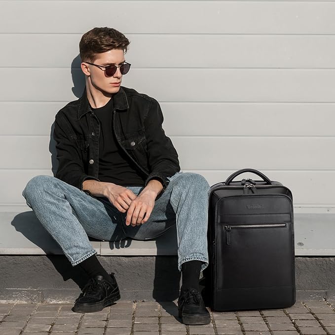 Tzowla Leather Laptop Backpack, Bag for Men and Women,Business Travel Work Rucksack Fits 15.6 Inch Laptop,Bookbag with USB and Type-C Charging Port-Black