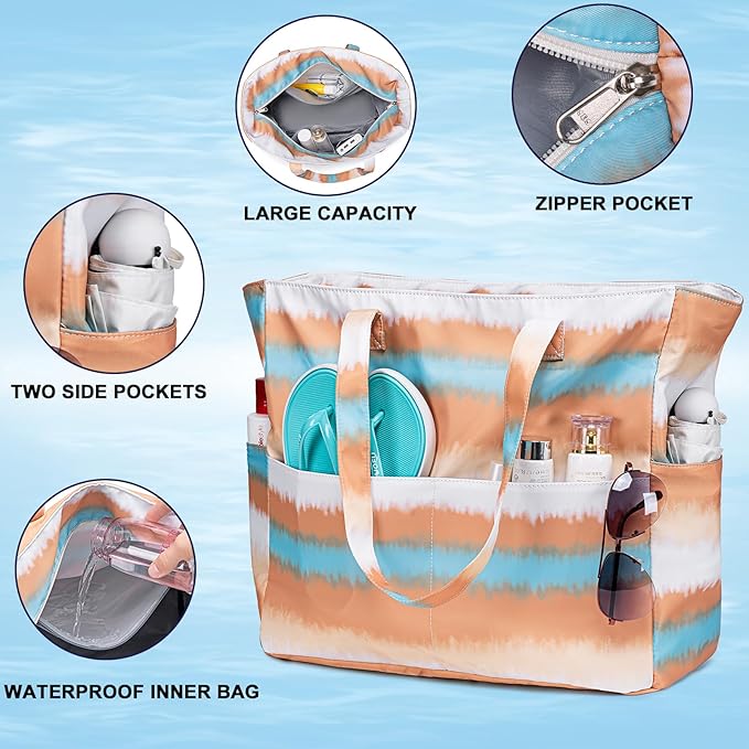 LEDAOU Beach Bag Waterproof Sandproof Women Tote Bag Pool Bag with Zipper for Gym Grocery Travel with Wet Pocket