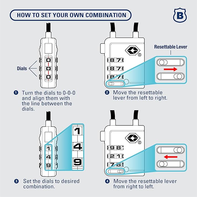 Brinks TSA Accepted Indicator Luggage Lock, Blue - Ressetable Combination, 2.5 inch Long Shackle, New More Secure TSA008 Key, 4 Pack