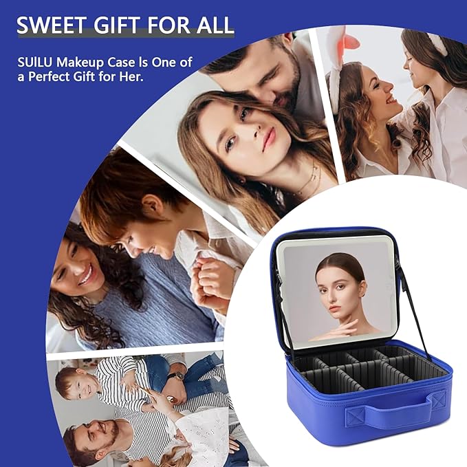 Makeup Bag with Led Mirror,Travel Makeup Organizer with 3 Color Setting & 10X Magnifying Mirror, Portable Storage and Adjustable Dividers Travel Makeup Bag-dark blue