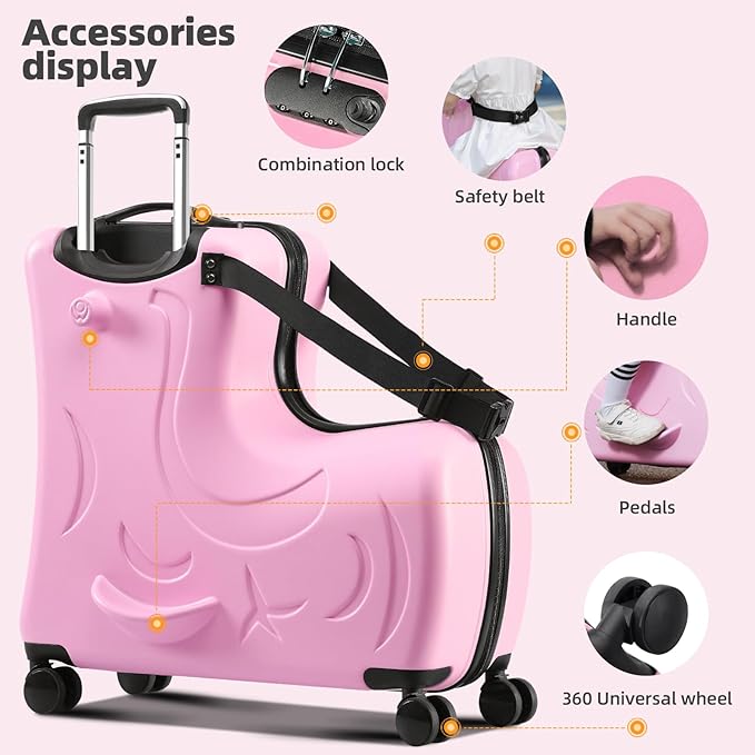 Hardside Ride on Kids Luggage with 4 Spinner Wheels for Girls and Boys,Rolling Childrens Travel Suitcase with Seat and Safety Belt for Toddler Ages 2-6,Verify Carry-on policy 21 Inch Pink