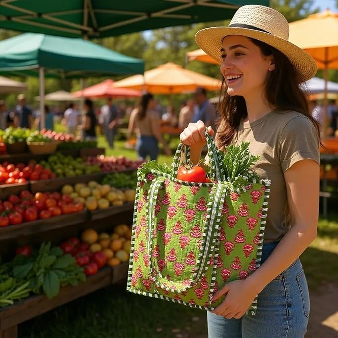 Cotton Quilted Tote Bag for Women – Large Beach & Travel Tote with Zipper, Reusable Grocery Bag
