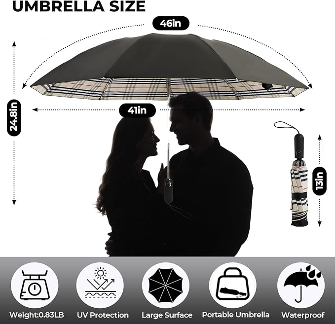 Compact Inverted Travel Umbrella, Automatic Open Close, 9-Rib 46 Inch Windproof Umbrella, Waterproof UPF 50+, Portable Umbrellas for Men, Women, Travel, and Daily Use
