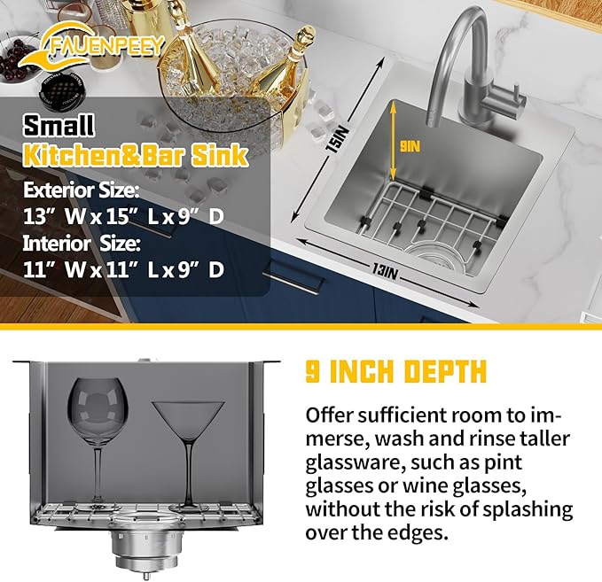 Small Kitchen Sink,13x15 Inch Bar Sink Stainless Steel Drop In Small Kitchen Sink Ideal Choice For Small Space Nice As Toprmount Prep Sink,RV Kitchen Sink With Bottom Grid,Soap Mat And Drain Assembly
