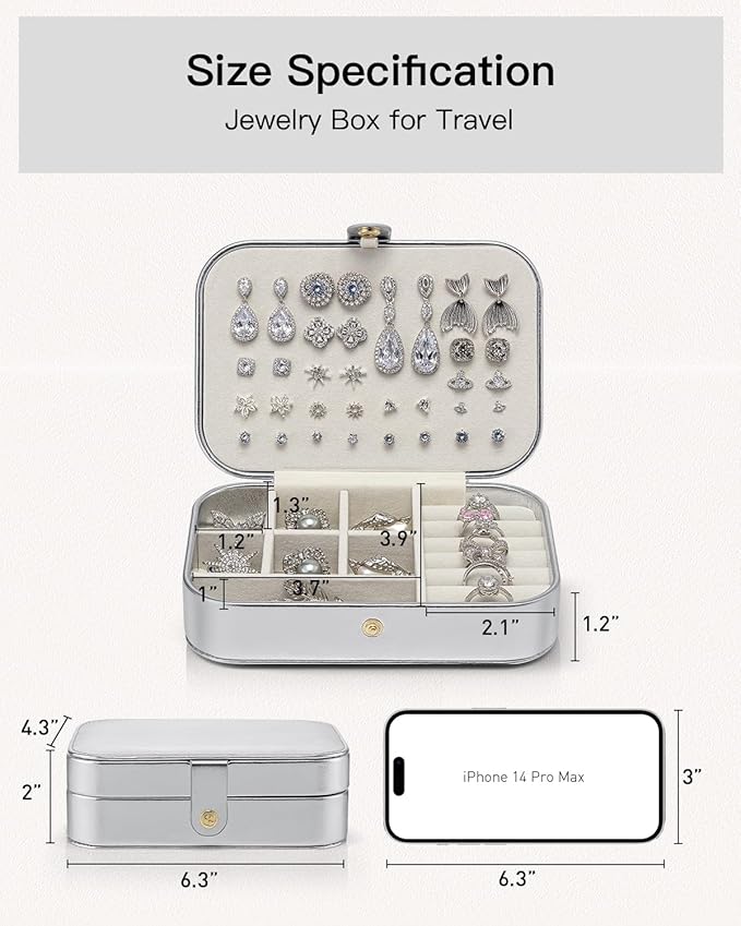 Vlando Travel Jewelry Case for Women Girls Mothers, PU Leather Portable Small Jewelry Box for Rings, Necklaces, Bracelets, Earring Holder Organizer Storage for Travel, Bridesmaid Gifts - Silver