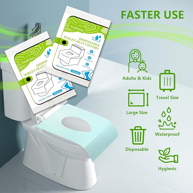 TenFans Toilet Seat Covers Disposable - 30 Count Individually Travel Pack - Sticker Free Faster Use - Waterproof XL Covers for Adults and Kids - Travel Accessories Public Restrooms, Camping, Airplane
