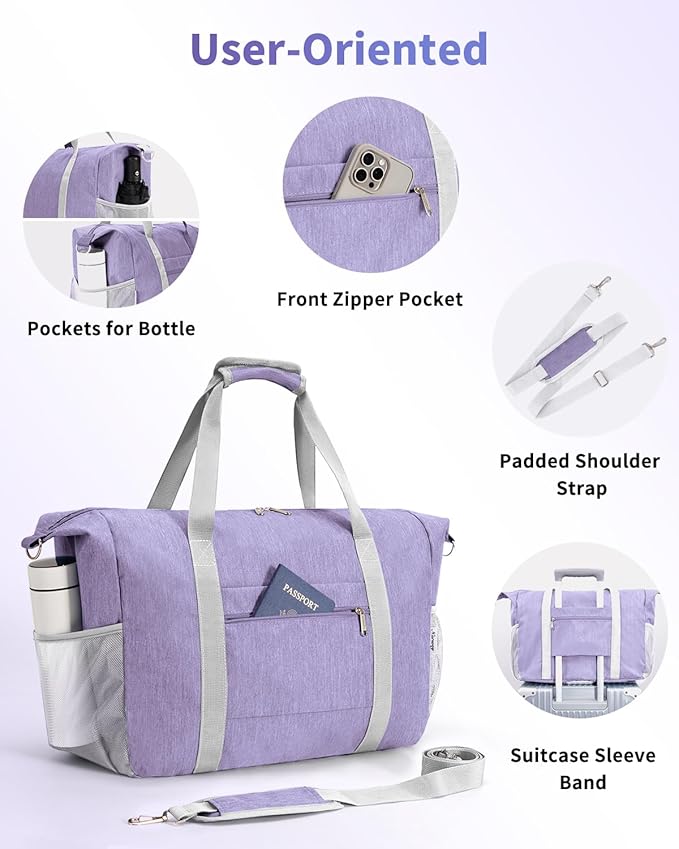 Narwey 18x14x8 Inches Travel Bag Spirit Airlines Frontier Personal Item Bag, Travel Duffel With Wet Pocket Carry on Bag for Airplane Underseat Duffle Overnight for Women and Men (Purple)
