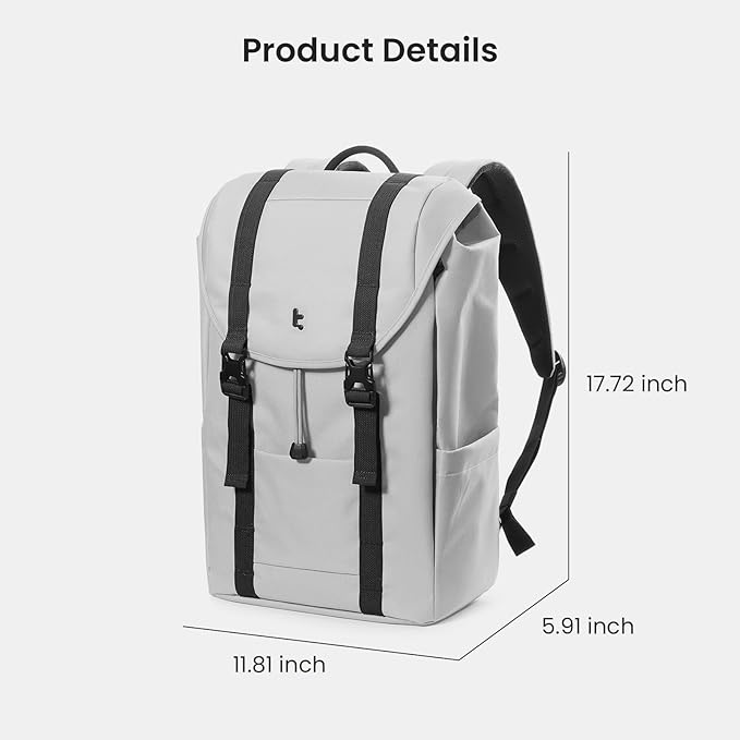 tomtoc Flap Laptop Backpack, Lightweight, Water-Resistant Casual Daypack, Durable Work-pack, Vintage Classic Rucksack for 13-15.6 Inch Laptop, perfect for Campus, Street, 22L Gray