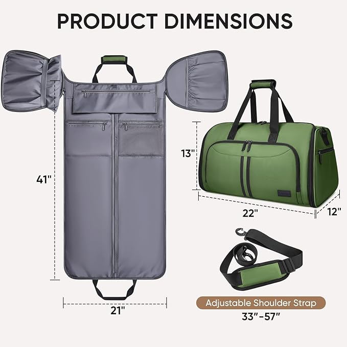 BALEINE Convertible Garment Bag with Shoe Compartment, 2 in 1 Carry on Garment Duffle Bags for Travel, Suit Bag for Men Women (Green)
