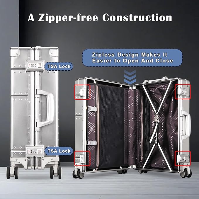 DOMINOX All Aluminum Carry On Luggage Hard Shell Luggage Aluminum Suitcase for Travel Zipperless Luggage Checked Luggage with Silent 360° Spinner Wheels 20 In. (Industry Style, Sliver)