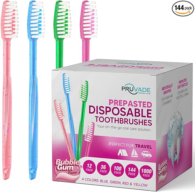 144 Pack Disposable Toothbrushes with Toothpaste Built in - Prepasted Toothbrushes Individually Wrapped - Single Use Waterless Tooth Brush with Soft Bristles - Bubblegum Flavor/Kids