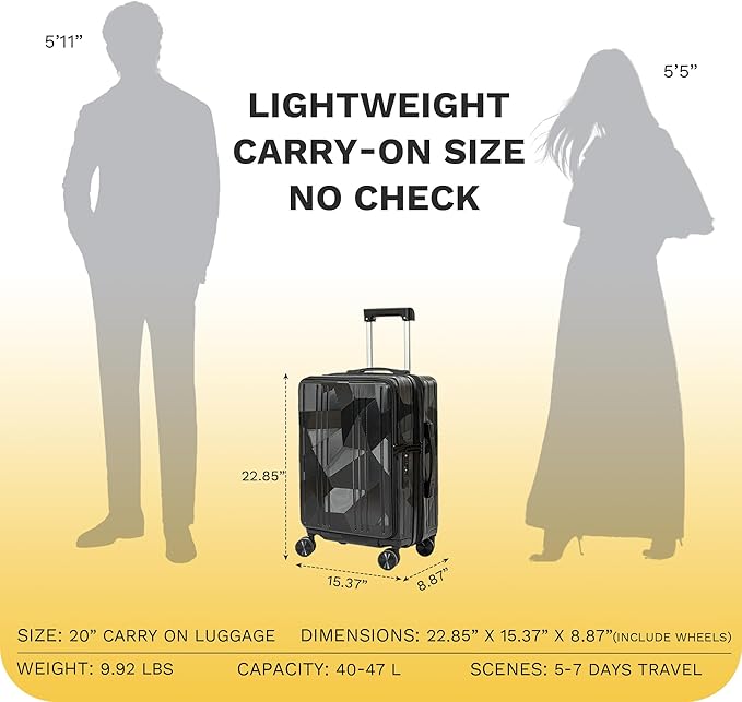 Carry On Luggage 22x14x9 Airline Approved Expandable Top Opening Carryon Luggage, TSA Approved Carry On Luggage Hard Shell Suitcases, Lightweight Away Carry On Suitcases, Black