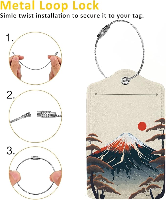 Mount Fuji 2-Pcs Premium Leather Tags with Privacy Covers,Luggage Tag Stainless Steel Loops Ideal for Suitcases, Travel Bags, Backpacks