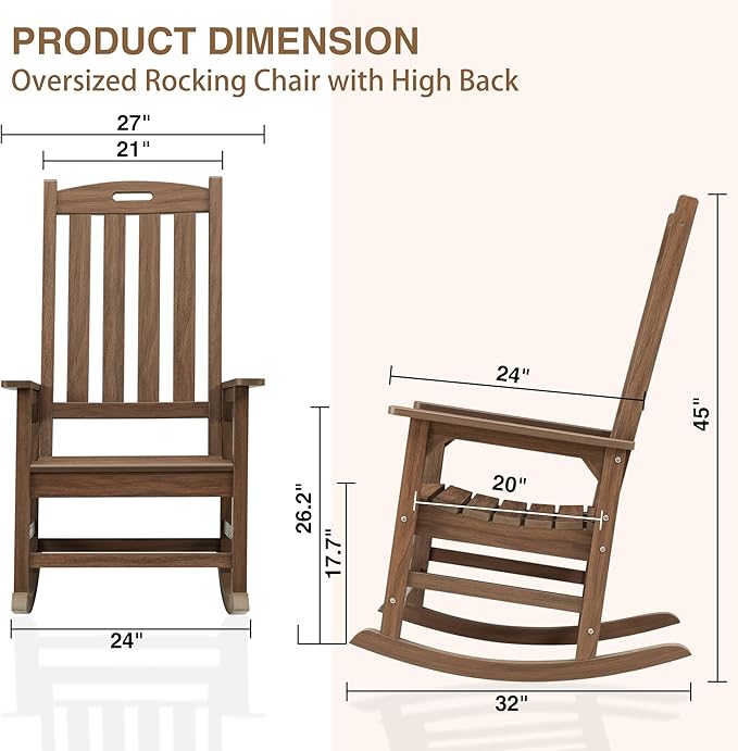 Psilvam Outdoor Rocking Chair, Poly Lumber Oversized Rocking Chair with 21" Wide Seat and 32" Tall Backrest, Pre-Assembled with Most Components for Effortless Installation(Bright Brown)