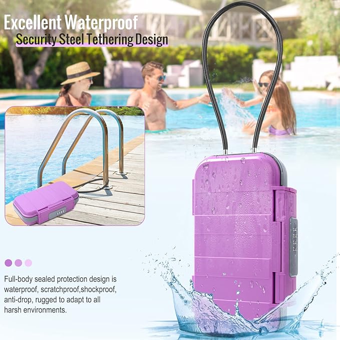 HUANLANG Portable Safe Lock Box with Combination Lock Mini Beach Travel Safe Waterproof Small Lockable Box with Removable Wire Rope Combination Safe Box for Dorm,Travel,Beach,Hotel,Car,Home,Office