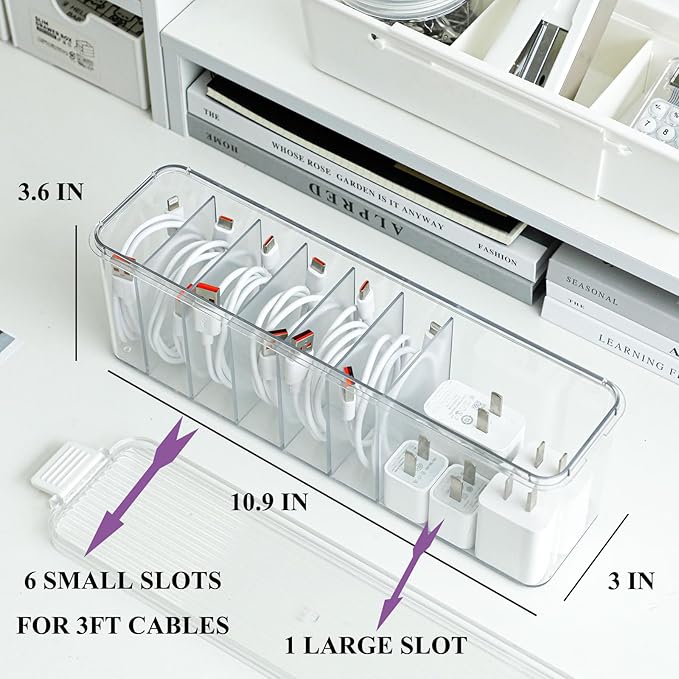 Yesesion Plastic Cable Organizer Box with 7 Compartments, Clear Cords Storage Case for Desk Drawer Accessories, Phone Charger, Art Crafts, Stationery Holder for Marker Pen, Pencils, Crayons