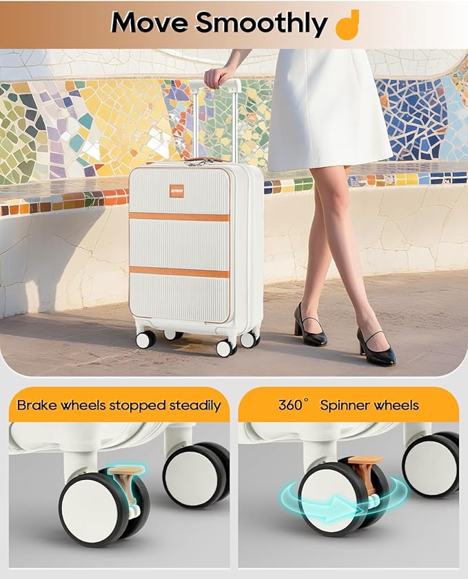 Joyway Carry on Luggage Airline Approved with Front Pocket, Hardside 20 Inch Travel Luggages with Cup Holder, Carry-on Suitcase with Spinner Wheels for Men and Women (White, 20 Inch)