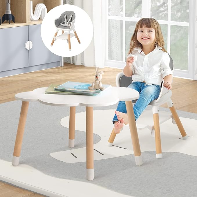 HONEY JOY Baby High Chair, 6 In 1 Convertible Wooden Highchair for Babies and Toddlers/Toddler Chair/Bar Stool, Removable Double Tray & Reversible Footrest, Safety Harness for Infant Boys Girls (Gray)
